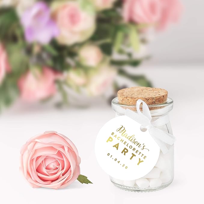 Andaz Press Personalized Round Circle Wedding Gift Tags, Metallic Gold Ink, Bachelorette Party, 24-Pack, Custom Made Any Name, Gold Party Decor