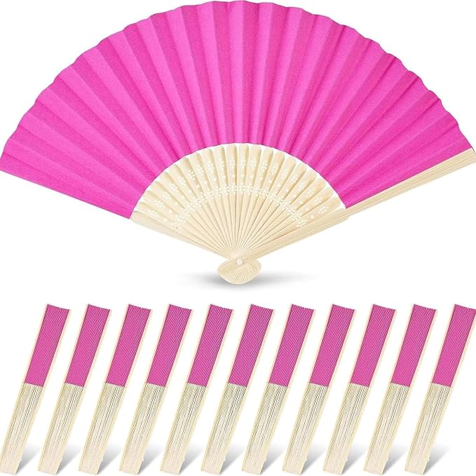 JOHOUSE 12 Pcs Paper Folding Hand Fans, 8.3 Inch Dark Pink Paper Fans Handheld by JOHOUSE