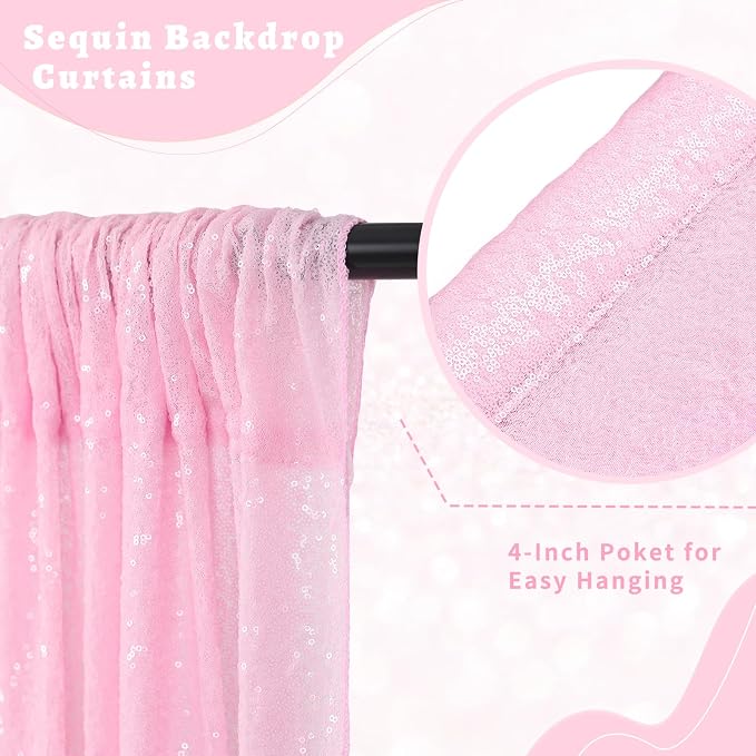 Pink Sequin Backdrop Curtains Party Photo Glitter Drapes 2 Pcs 2FTx8FT | - Image 3