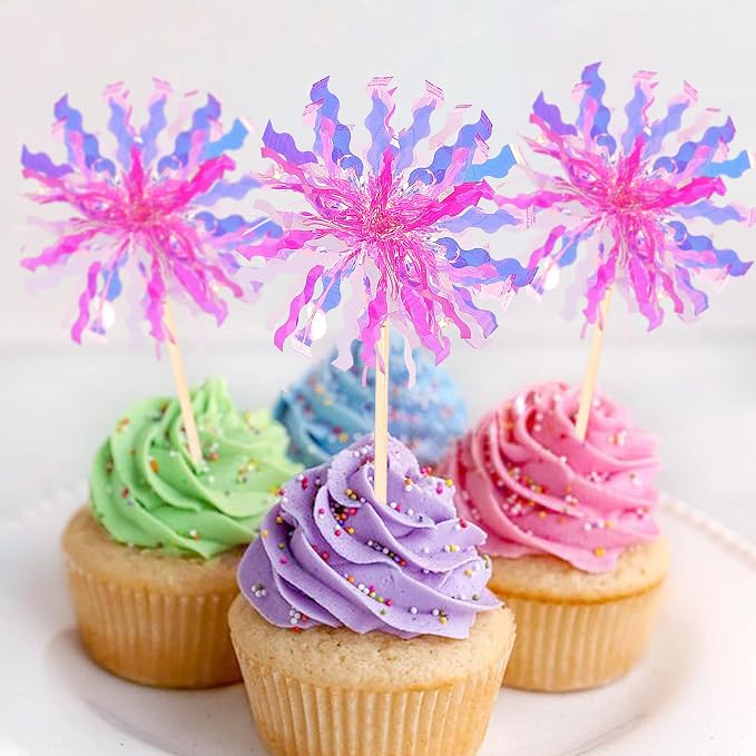 30 PCS Foil Firework Cupcake Toppers Sparkle Tinsel Cupcake Picks Happy - Image 4