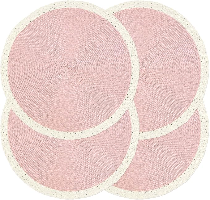 Round Placemats Set of 4, Woven Table Mats, Mint Pink | Braided Paper Edge by Noctiflorous