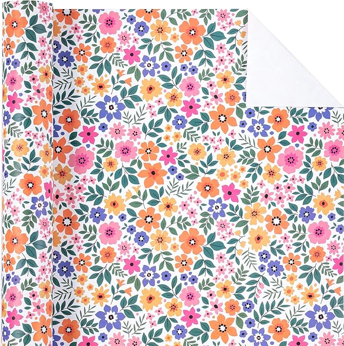 WRAPAHOLIC Kraft Floral Wrapping Paper Roll - Mini Roll - 17 Inch x 16.5 Feet - Ditsy Flower Wrapping Paper, Perfect for Wedding, Birthday, Bridal Shower, Tea Party