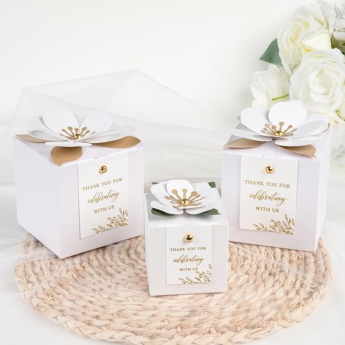 FEIYI 20 PCS Favor Boxes, 3 In 1 White Candy Boxes with Floral Decor, White Thank You Tags Gold Foil Print Gift wrapping for Wedding, Baby Shower, Birthday, Decorations Party - 2.55x2.55x2.55
