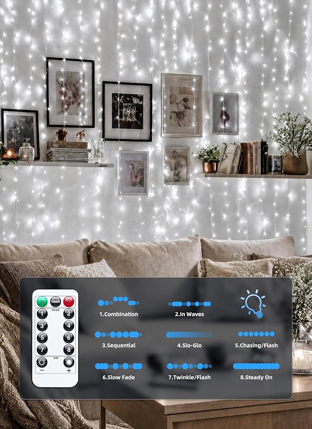 Brightown 300 LED White Fairy Curtain Lights, 9.8ft x 9.8ft String Lights | - Image 5