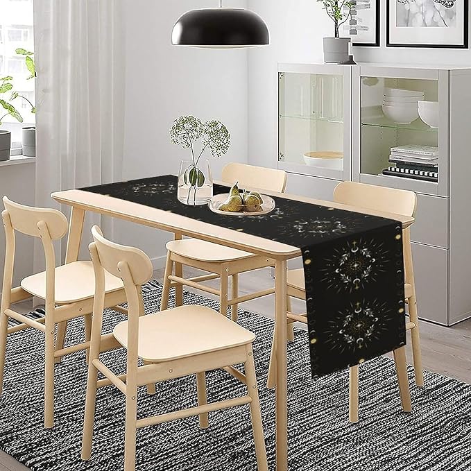 Sun Moon Table Runner - Magical Leaves Mysterious Western Traditional Elements Black White Table Runner for Party Living Room Home Kitchen Dinner - 13x36 Inch