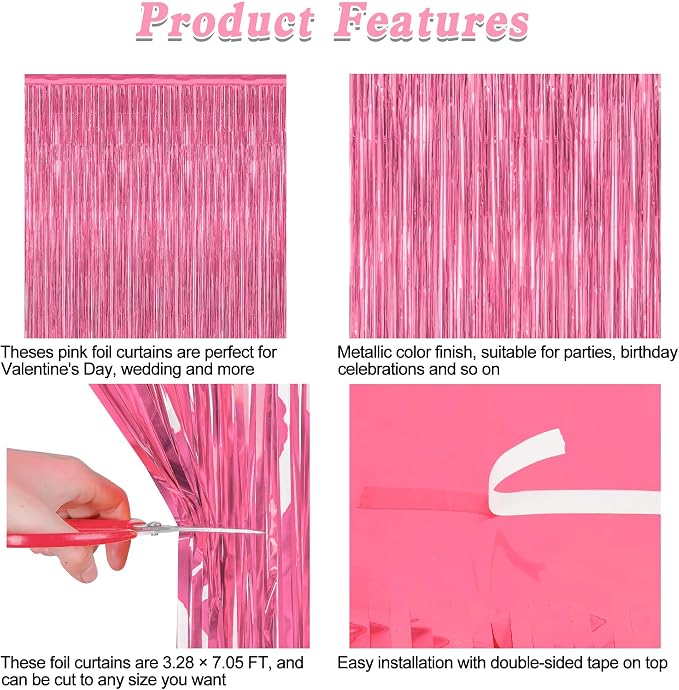 ZATAYE 12 Pack Pink Backdrop, 3.28 FT x 7.05 FT Foil Fringe Curtains, Metallic - Image 4