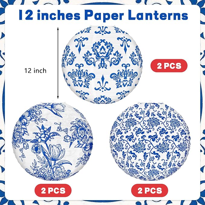Chinoiserie Paper Lantern Celehappy 10 inch Blue and White Porcelain Print - Image 2