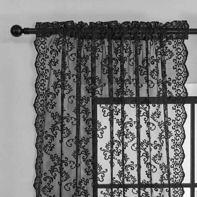 Black Lace Curtains 63 Inch Length 2 Panels set Gothic Paisley Sheer Curtains - Image 4