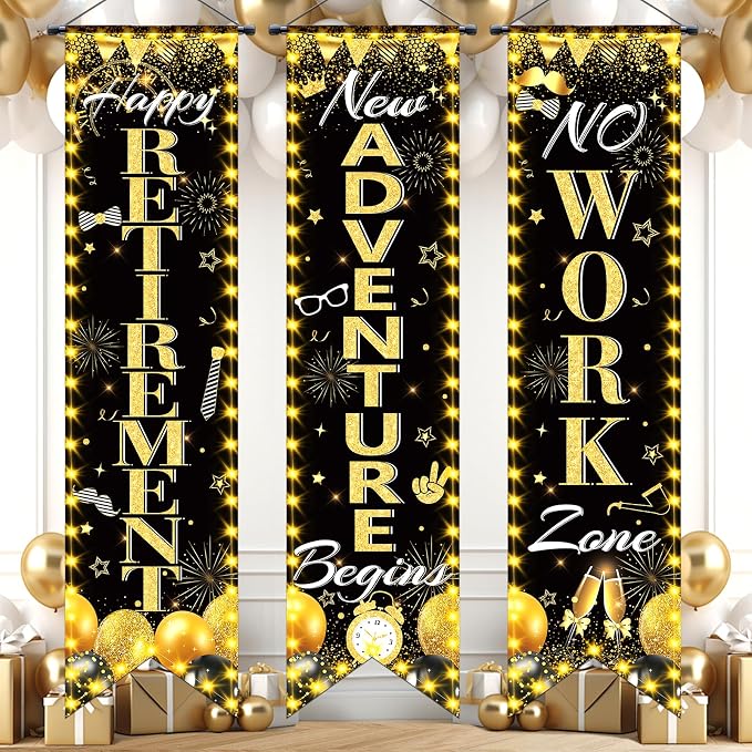 3Pcs Retirement Porch Sign Door Hanging Banner Black Gold Happy Retirement by TagreSpike