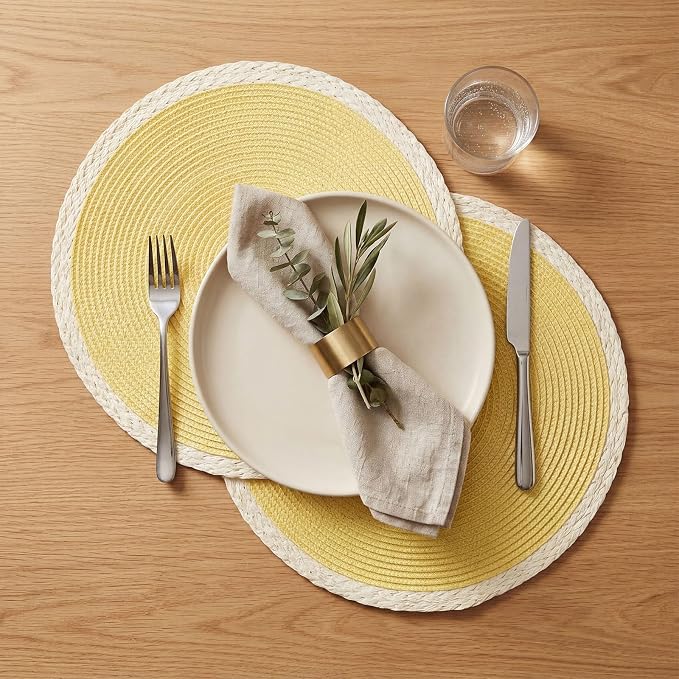 Round Placemats Set of 8, Woven Table Mats, Mint Yellow | Braided Paper Edge - Image 4
