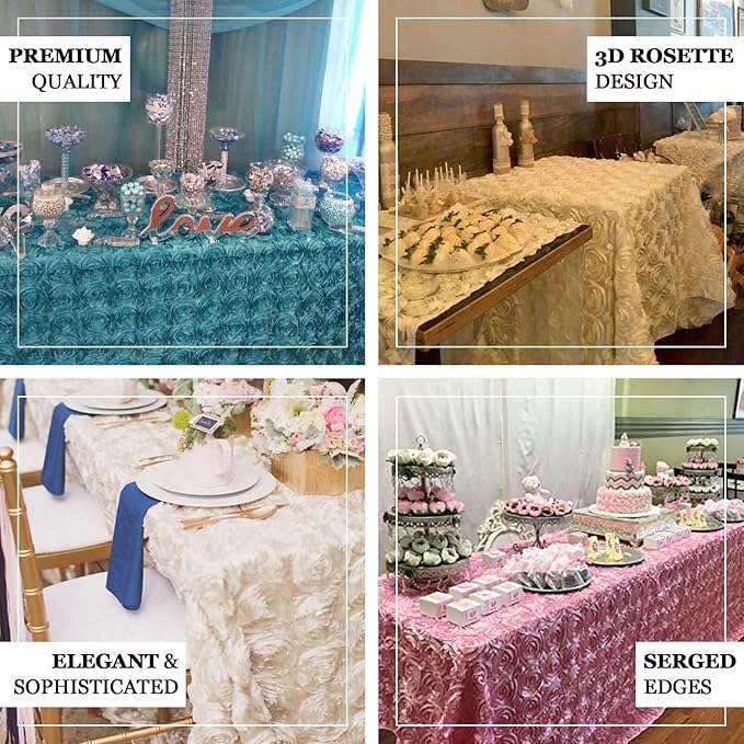 Efavormart 90"x156" Wholesale Rectangle Table Cover Ivory Grandiose Rosette 3D Satin Tablecloth for Wedding Party Event Decoration