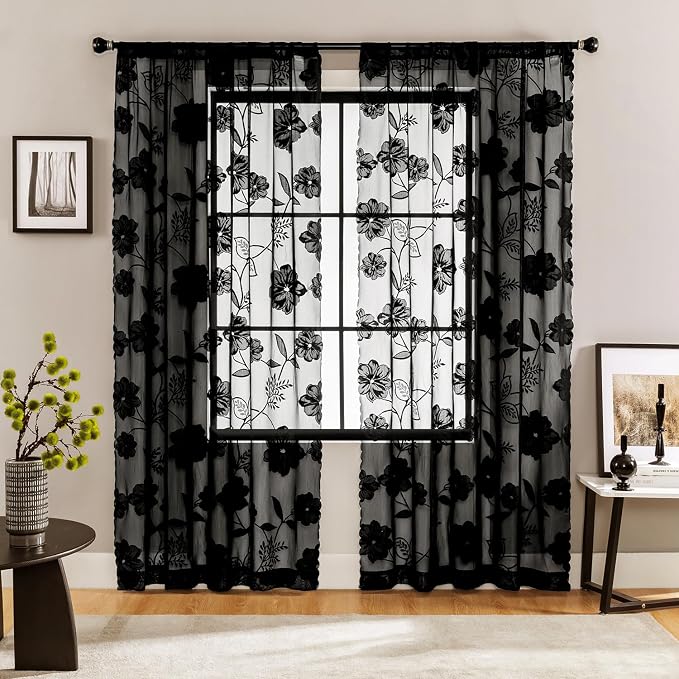Treatmentex Black Lace Curtains 63inch Rose Floral and Leaf Sheer Decorative - Image 2