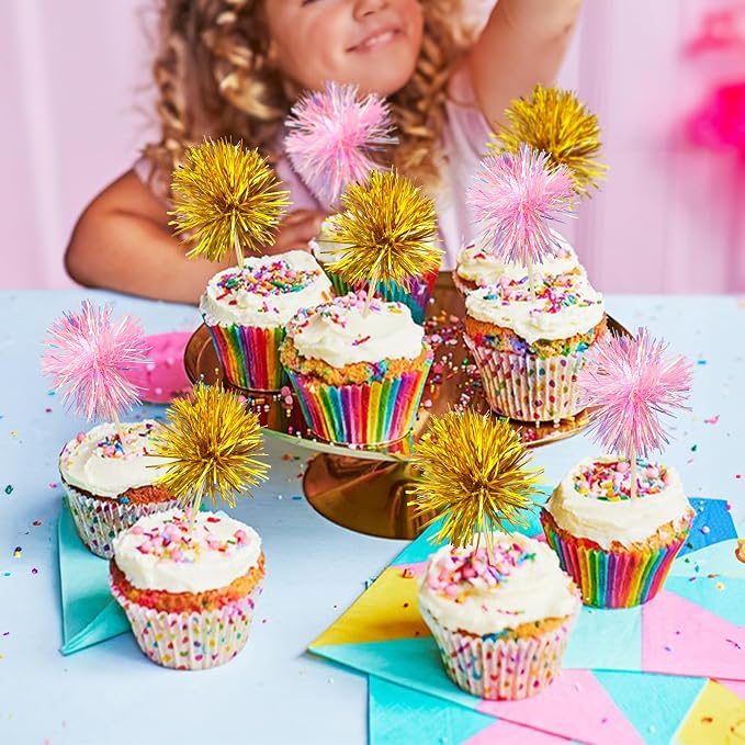 Gyufise 30Pcs Foil Firework Cupcake Toppers Sparkle Tinsel Cake Toppers Tinsel - Image 6