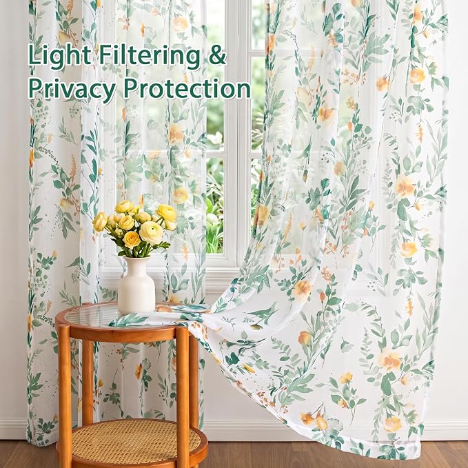 MYSKY HOME Green Sheer Floral Curtains 95 Inch Length - Image 4