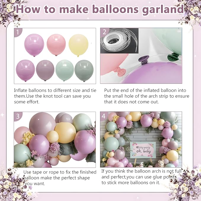 Dusty Green Pink Purple Yellow Balloon arch kit, Double Stuffed Haze Purple - Image 4