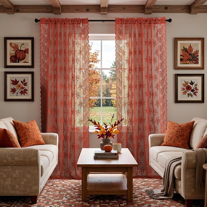 Kotile Burnt Orange Sheer Lace Curtains by Kotile+Curtains