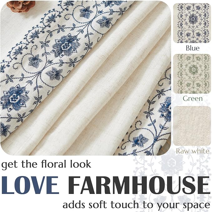 jinchan Blue Floral Embroidered Short Linen Curtains 54×54 Inches 2 Panels | - Image 7