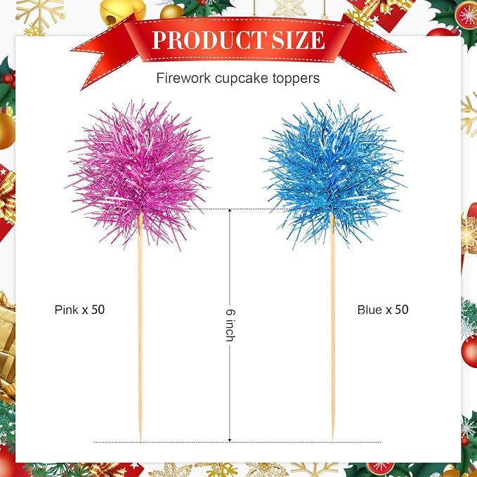Chinco 100 Pcs Foil Firework Cupcake Toppers Sparkle Tinsel Cake Toppers Cake - Image 2