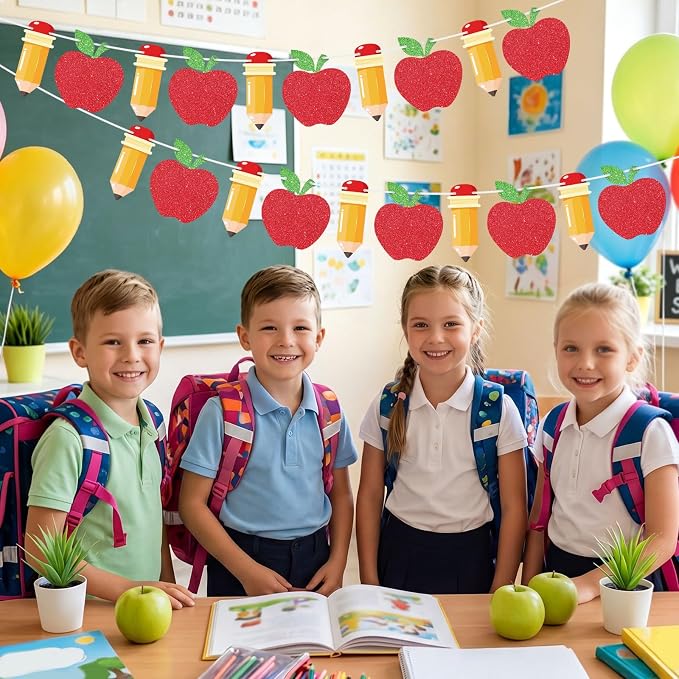Hooqict 2 Pieces Back to School Pencil and Apple Banner Decorations Welcome - Image 4