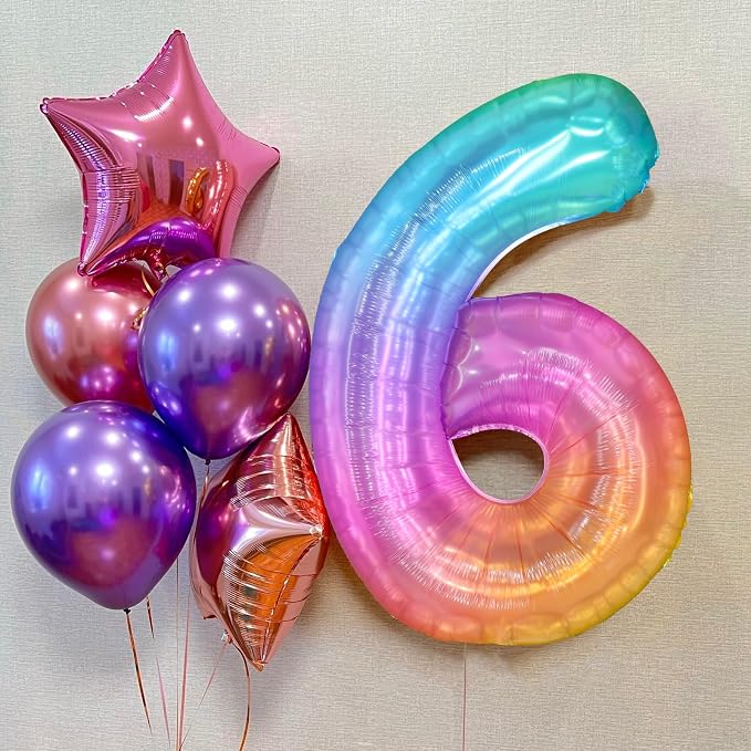 Rainbow Number 6 Balloon, 40 Inch Large Number Foil Mylar Balloons - Image 3