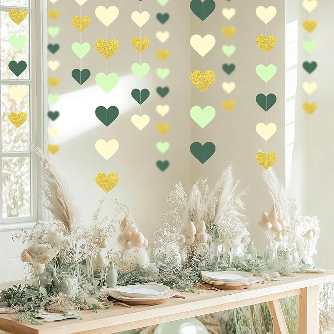 5PCS Sage Green Heart Garland, 72ft Sage Green Gold Heart Ceiling Decorations - Image 3