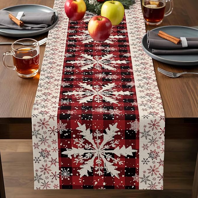 Buffalo Plaid Christmas Cotton Linen Table Runner for Dining Kitchen, Snowflake Red Black Check Wedding Outdoor Party Tablerunner Decoration, Retro Dresser Scarf Coffee Tablecloth Runners 13x72 Inches