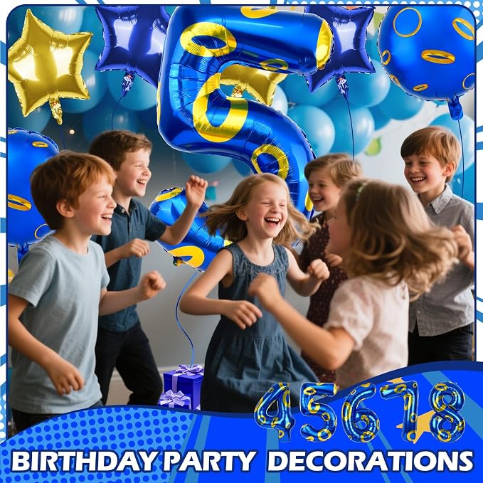 40 Inch Blue and Golden Ring Themed Number Balloon, Number Block Foil Number 5 - Image 4