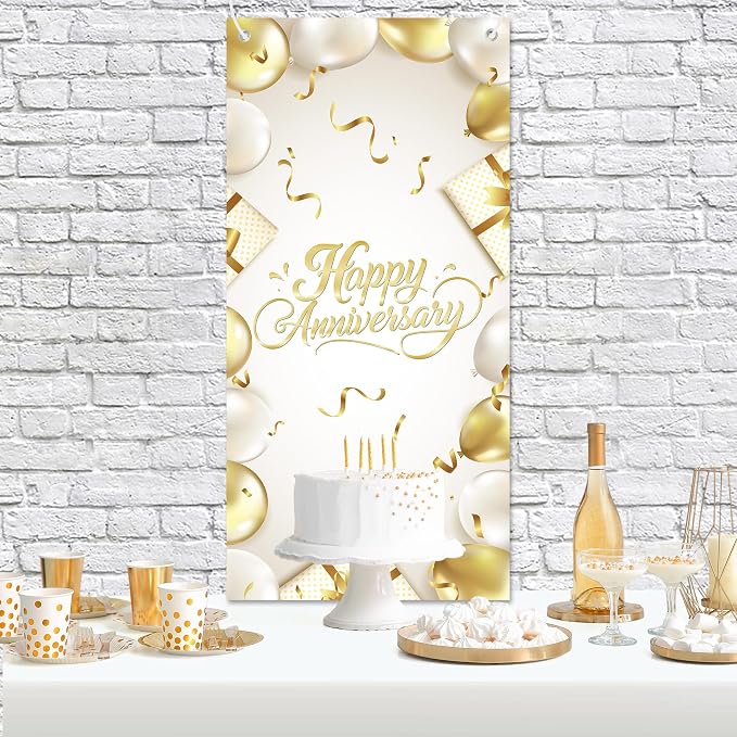 Happy Anniversary Backdrop Banner White Gold Elegant Door Cover Photography - Image 2