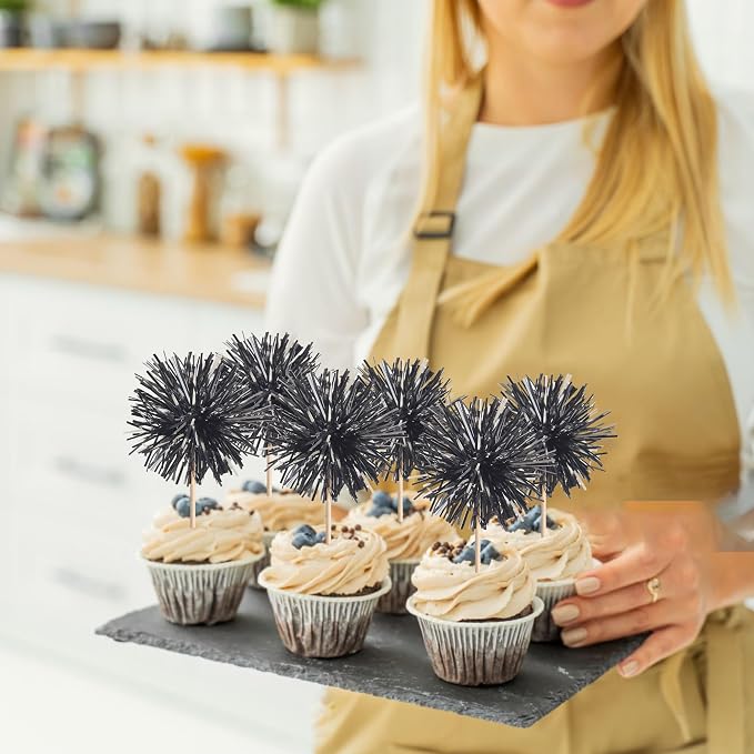 40 PCS Black Foil Firework Cupcake Toppers Sparkle Tinsel Cupcakae Picks - Image 6