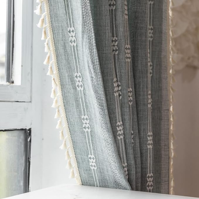 Boho Curtains for Bedroom Embroidery Striped Farmhouse Linen Curtains 63 Inch - Image 6