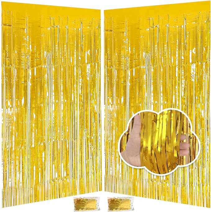 JINSUI Gold Fringe Backdrop 3.3x8.2ft, 2 Pack Foil Tinsel Curtains Decor | by JINSUI