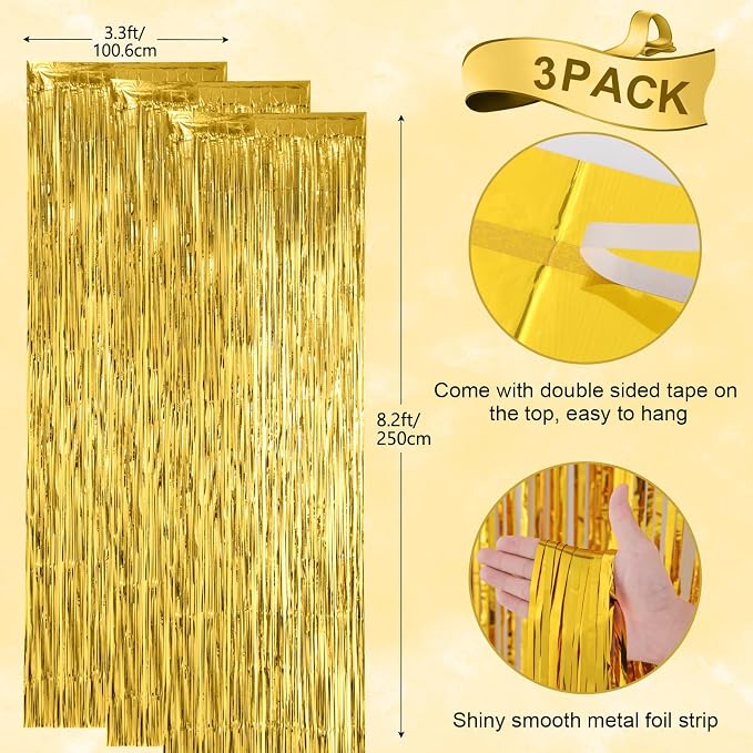 Voircoloria 3 Pack 3.3x8.2 Feet Gold Foil Fringe Backdrop Curtains, Tinsel - Image 3