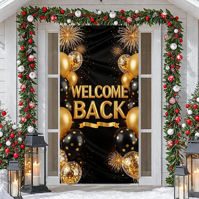 Welcome Back Door Cover Banner Decorations Black Gold Welcome Home Backdrop - Image 5