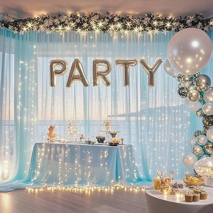 10×10ft Tulle Backdrop Curtains with Lights String - 300LED Fairy Lights Sheer Curtain Backdrop for Weddings Baby Shower and Birthday Party Decorations(6 Panels 5×10ft)