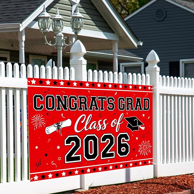 Red Graduation Banner Class of 2026-72" x 44" Congrats Grad Backdrop Decorations - Image 5