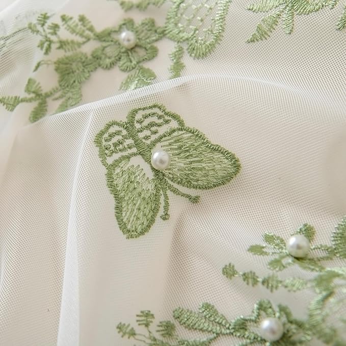 White Sheer Voile Curtains Green Embossed Butterflies 84 Inches | Light - Image 7