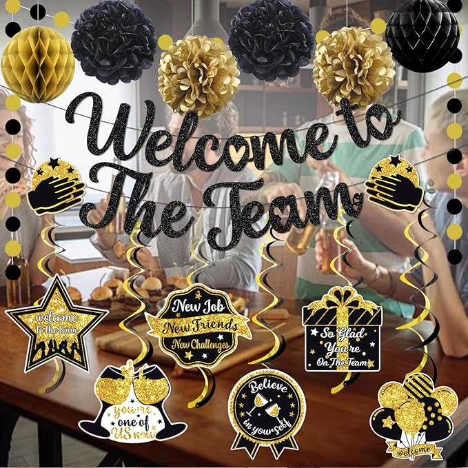 Welcome To The Team Banner Black Glitter, Welcome Banner Circle Dots Garland - Image 4