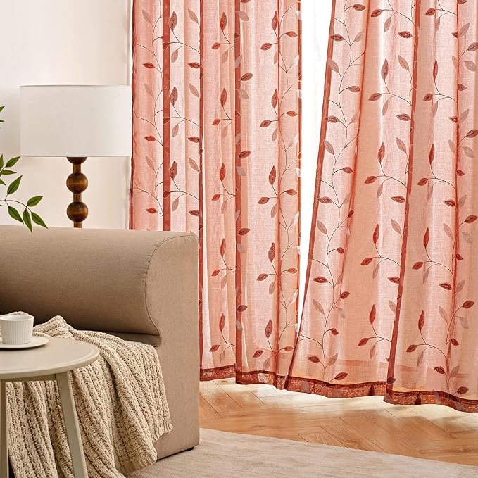 MIULEE Terracotta Sheer Fall Leaf Curtains Burnt Orange 2 Panels 52"x96" | - Image 3