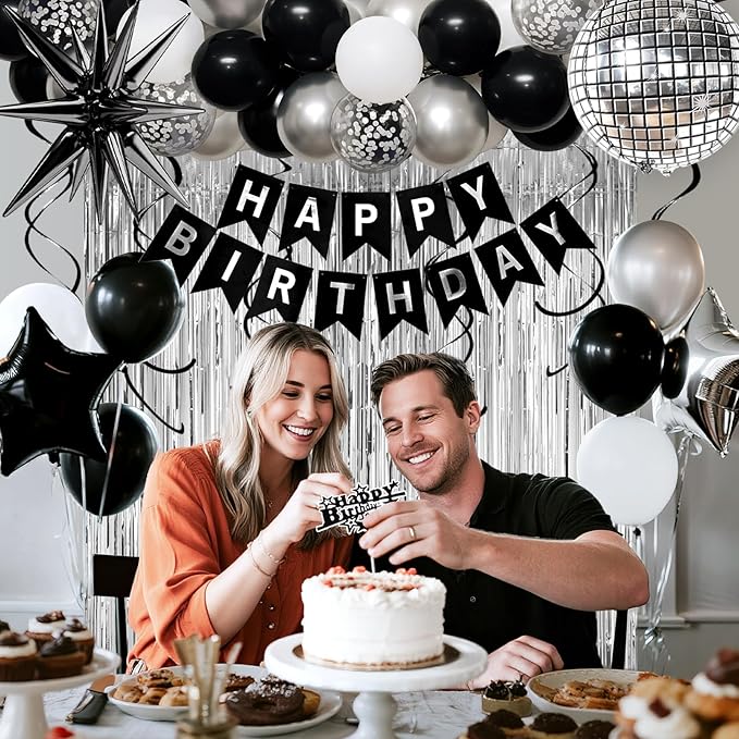 31st Birthday Decorations for Men Women, Black Silver Happy Birthday Party Decorations， 31 Year Old Party Supplies with Number 31 Balloons, Banner, Fringe Curtains Kit