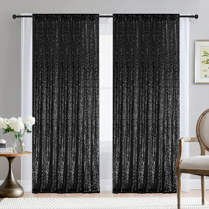2×8FT-2PCS Black Sequin Backdrop Curtains Panels, Photography Backdrop Glitter - Image 2