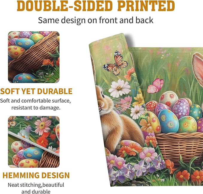 Easter Bunny Placemats Set of 4 Easter Colorful Eggs Floral Linen Fabric Table - Image 5