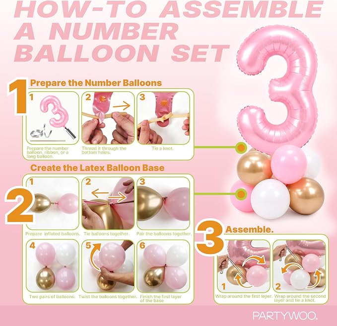 PartyWoo Number Balloons 40 Inch Pink Number 3 Kit 25pcs - Image 7