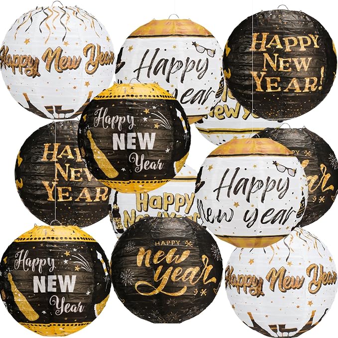 Panelee 12 Pcs 2026 New Year Paper Lanterns Party Decorations 8 Inch Black and by Panelee