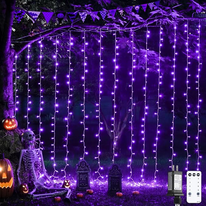 JMEXSUSS 300LED Purple Halloween Lights, 9.8x9.8ft Curtain Lights Plug in | by JMEXSUSS