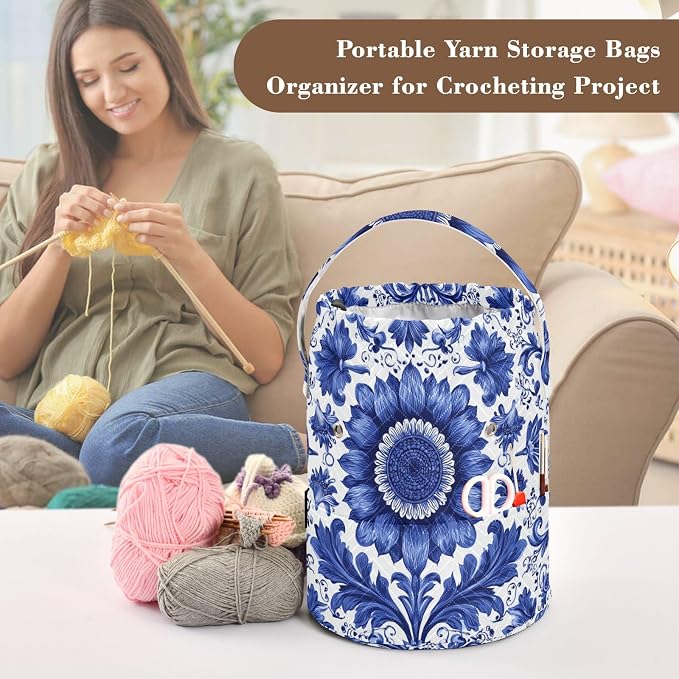 Sunflowers Blue and White Leaves Yarn Bag Small Crochet Bag Drawstring Yarn - Image 4
