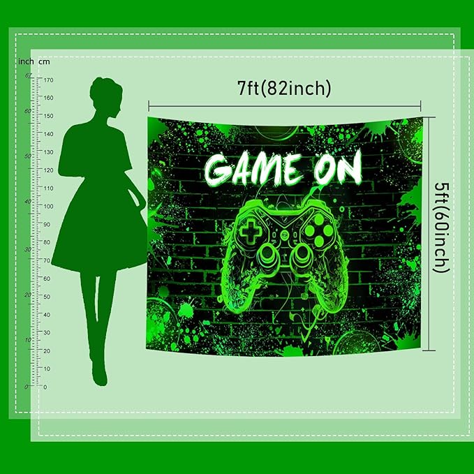 Mocsicka Game On Backdrop Video Game for Boys Level Up Birthday Party Decoration Game Night Arcade Neon Glow Gamer Banner Photography Background (Green, 10x7ft(120"x82"))