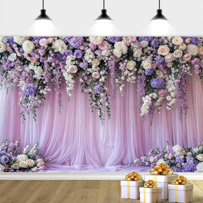 20x10ft Purple Lavender Floral Bridal Backdrop Wedding Flower Photography Backdrop for Girl Portrait Baby Shower Birthday Party Decor Banner Mother's Day Party Wall Backdrop Studio Photo Backgrounds