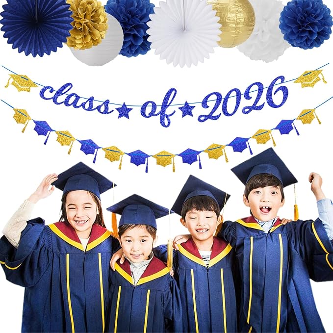 Navy-Blue White Gold Graduation Party-Decorations Garland - Image 6