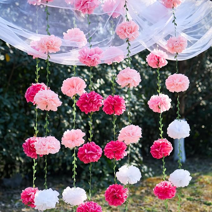 Gradient Pink Tissue Paper Pom Pom Garlands, Paper Flowers - Image 7