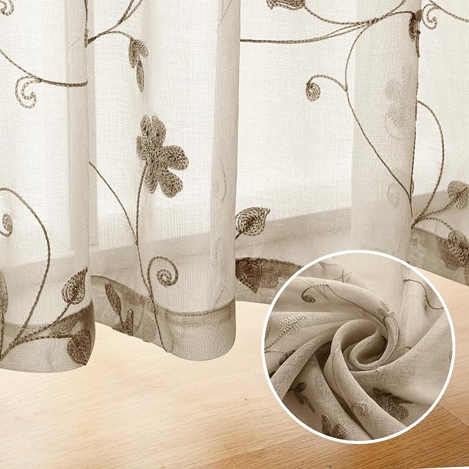 HOMEIDEAS Taupe Sheer Curtains 84 Inches Long 2 Panels Beige Embroidered Floral - Image 5